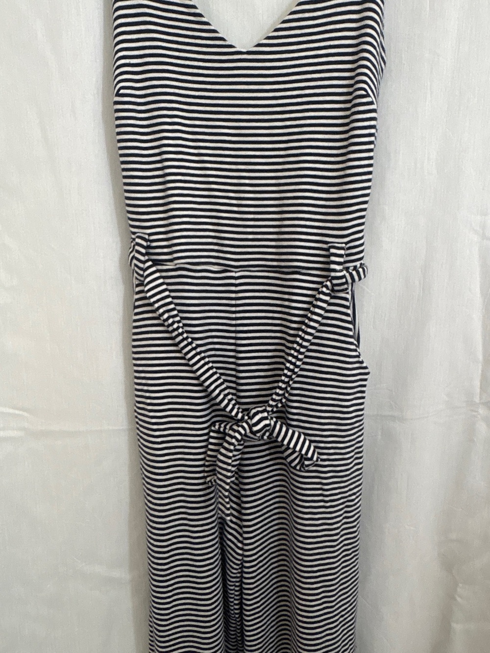 Monteau Los Angeles S Navy White Striped Wide Leg Jumpsuit Tie Waist - Picture 2 of 5